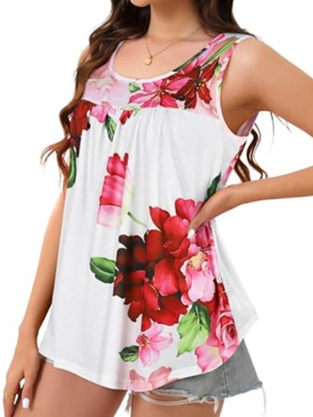 Womens Tank Top Crewneck Sleeveless Floral Tunic Shirt - Picture 4 of 6